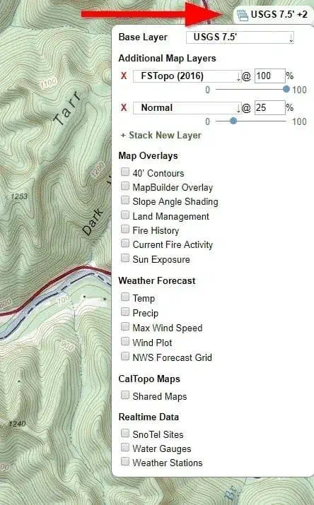 CalTopo layer stacking menu.