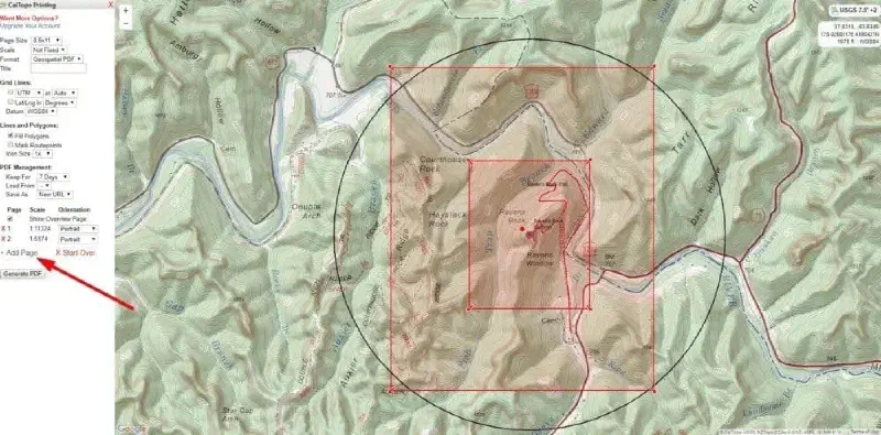Adding a page when printing a map with CalTopo.