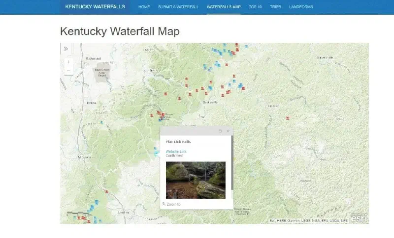 The waterfall map  on the Kentucky  Waterfall Database Website