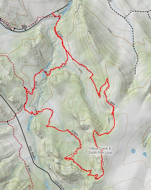 An overview of the Willow Creek and South Ridge Loop hike in CalTopo