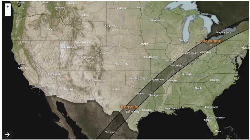 The path of totality for the 2024 total solar eclipse