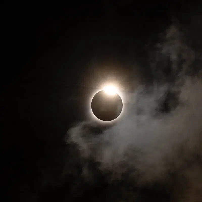The sun starting to re-emerge from behind the moon during the 2024 total solar eclipse in Oklahoma