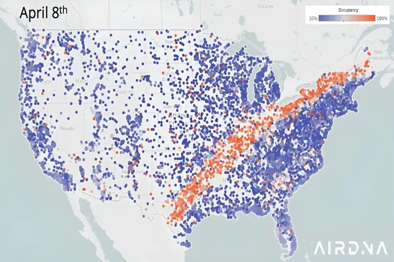 A map showing how fully booked Air BnBs were along the path of the 2024 total solar eclipse