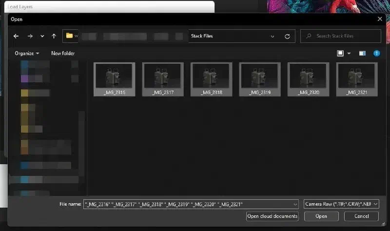 Load your photos into Photoshop to focus stack them