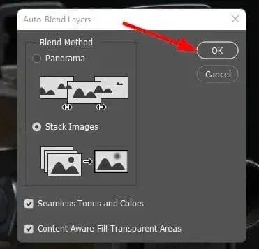 Blend the images into a stack in Photoshop