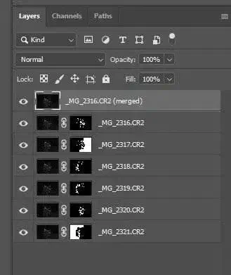 The resulting stacked and blended images in Photoshop