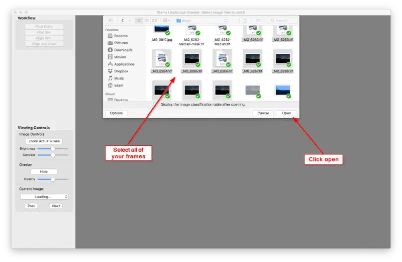 Load your frames into Starry Landscape Stacker.