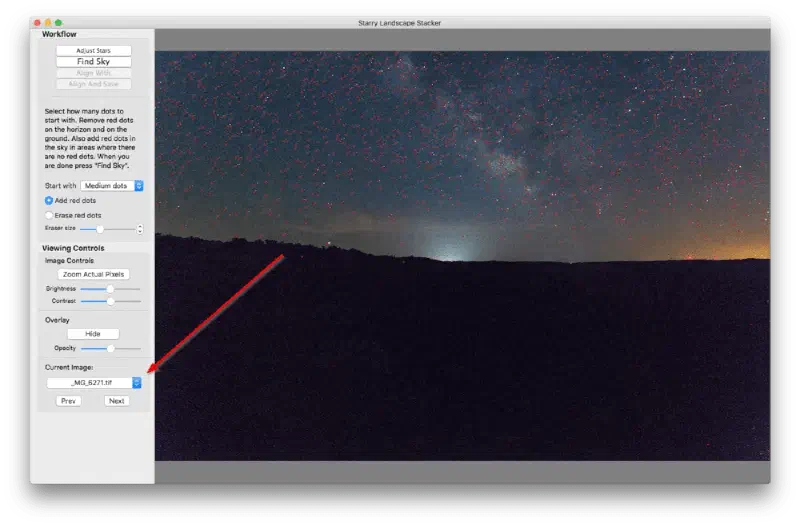 Select a single frame in Starry Landscape Stacker.