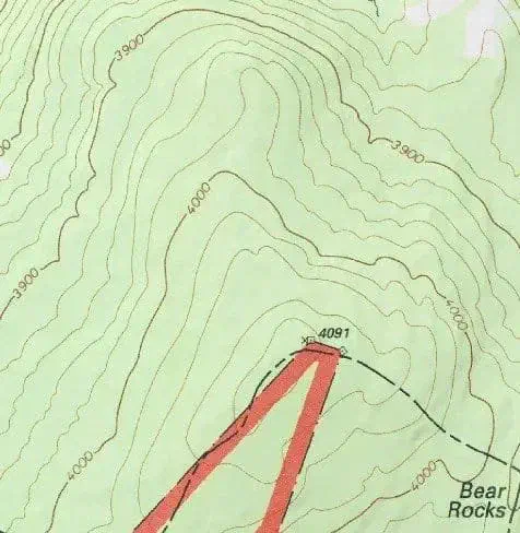 A section of the Dolly Sods Wilderness, West Virginia on a topo map