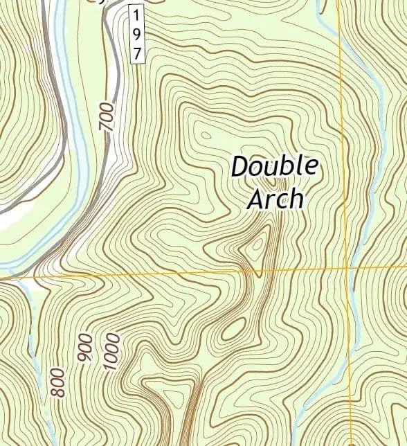 An example of the contour lines on a map of the Double Arch region of Red River Gorge