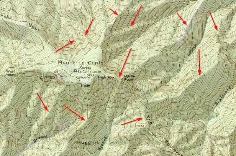 An example of ridges on a topo map of Mt. Leconte in the Great Smoky Mountains