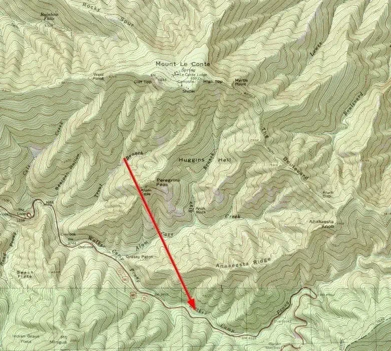An example of a valley on a topo map of Mt. Leconte in the Great Smoky Mountains