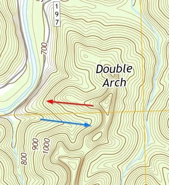Following the blue route would take us uphill, whereas following the red route would be downhill