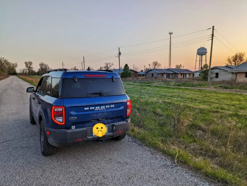 My Ford Bronco Sport parked outside a bunch of abandoned homes in Picher, Oklahoma