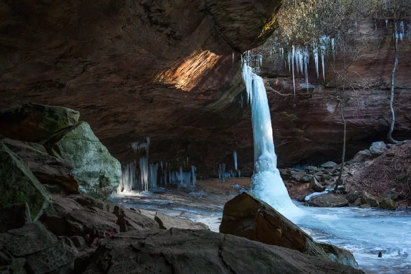 Copperas Falls completely frozen on a cold winter day.