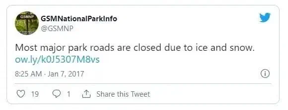 A Twitter update stating that most of the major roads in the Smokies were closed due to snow.