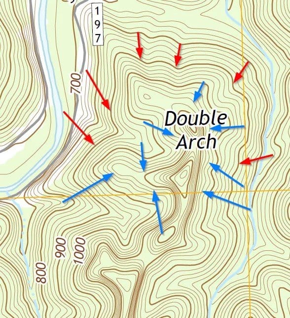 An example to better illustrate that any given point along a contour line is at the same elevation. All the red arrows point to a spot that’s at the same elevation, as do the blue lines.