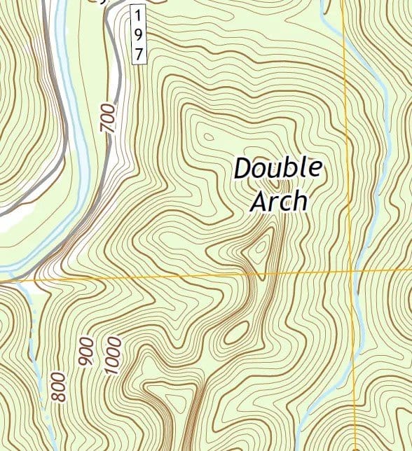An example of the contour lines on a map of the Double Arch region of Red River Gorge.