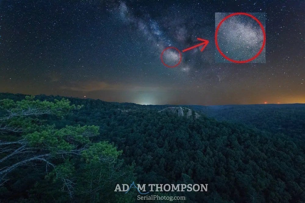 An example of how stacking can drastically reduce teh noise in a Milky Way image.