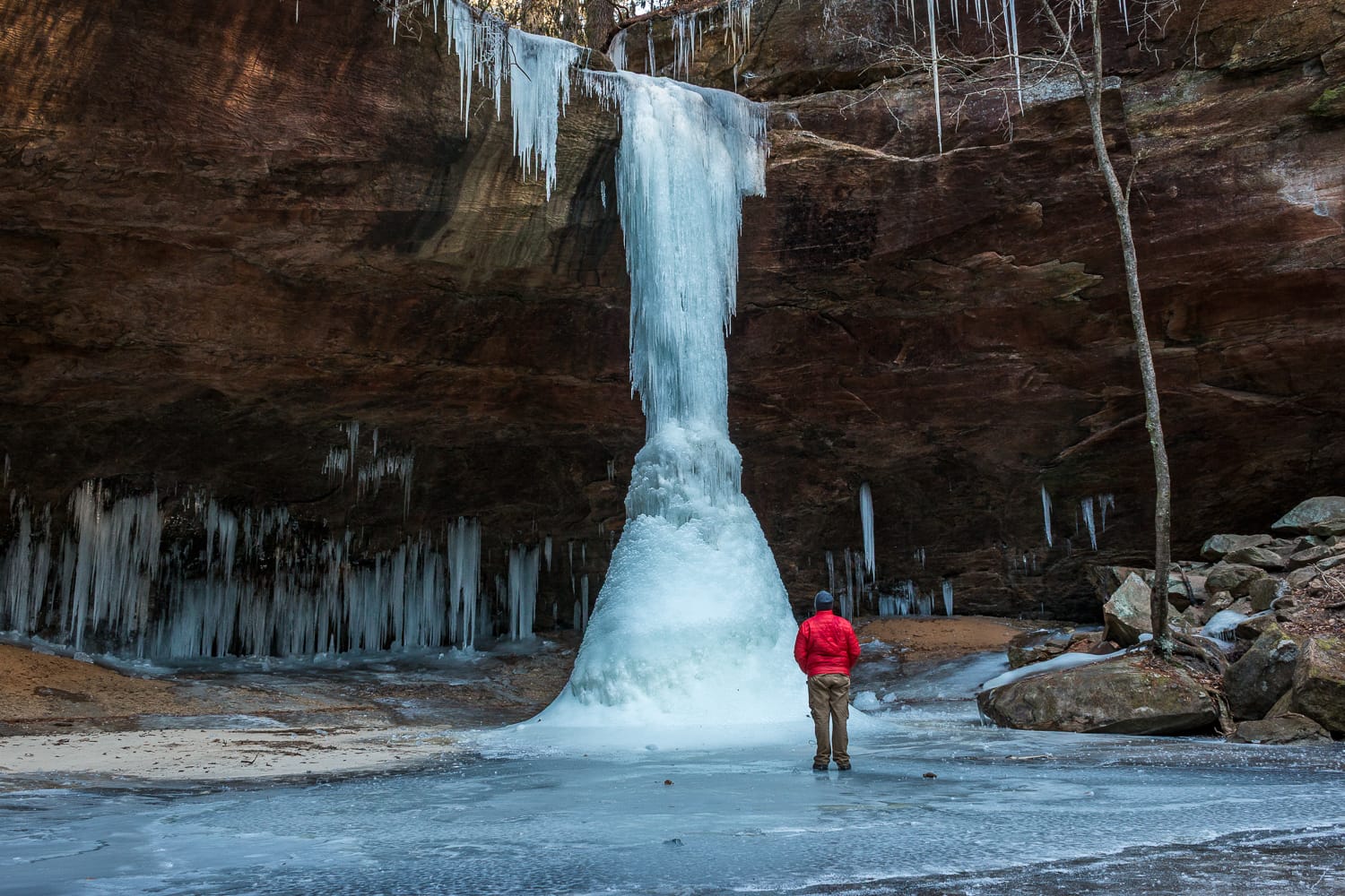 Copperas Falls completely frozen on a cold winter day.