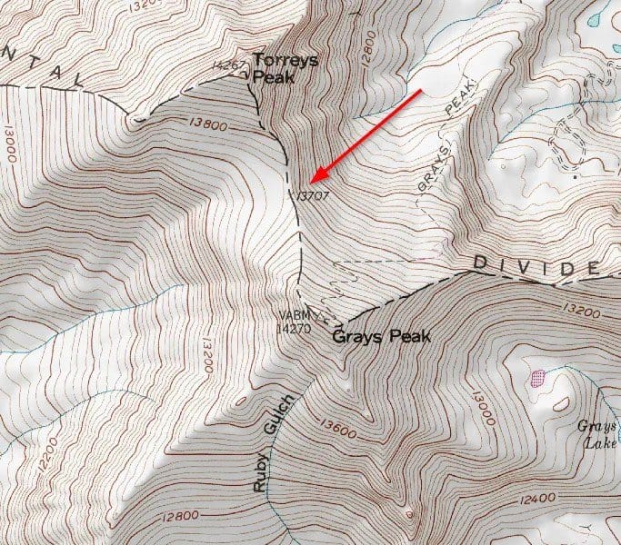 An example of a col between Torreys Peak and Grays Peak in the Front Range of the Rockies.