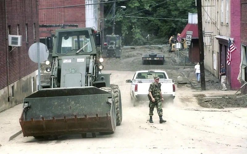 The West Virginia National Guard responding to the flooding in Mullens, West Virginia