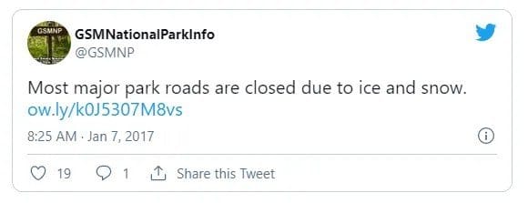A road update from Twitter stated that most of the major roads in Great Smoky Mountain National Park were closed due to snow and ice.