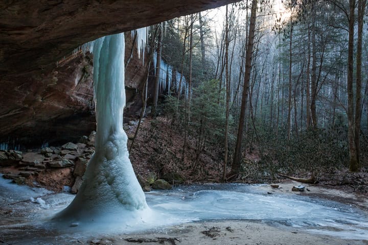 Copperas Falls completely frozen in the Red River Gorge, Kentucky.